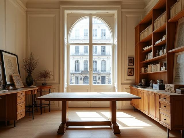 Intérieur lumineux de l'atelier Encre Voyage avec tables en bois et lumière naturelle.