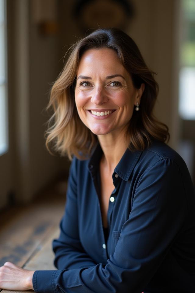 Portrait de la fondatrice d'Encre Voyage, souriante, dans son atelier parisien, avec des outils de calligraphie.