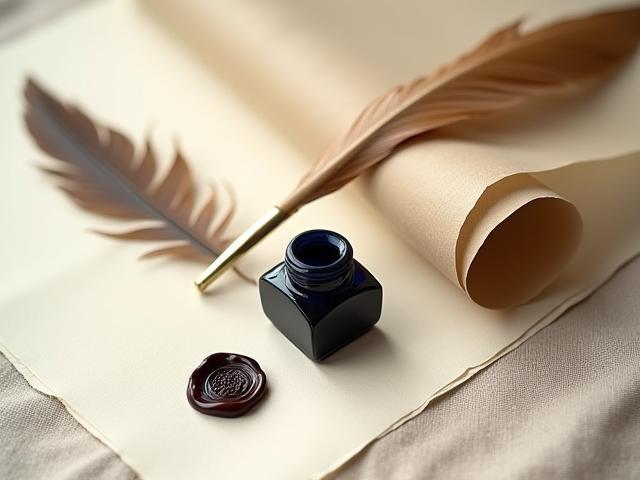 Plume, encrier et papier ancien symbolisant l'art de la calligraphie.