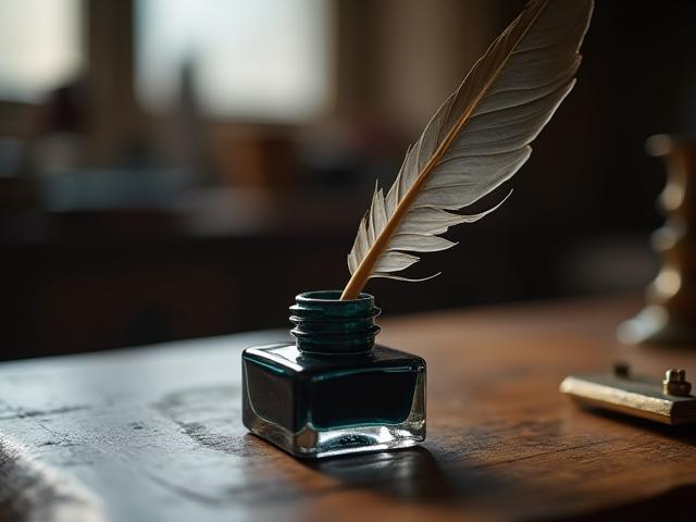 Gros plan sur une plume d'oie trempée dans l'encre sur un bureau d'atelier ancien