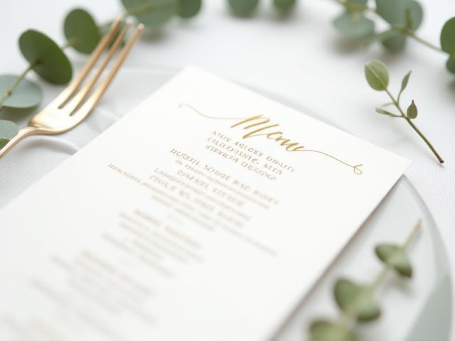 Ensemble de menus et marque-places de mariage avec calligraphie dorée