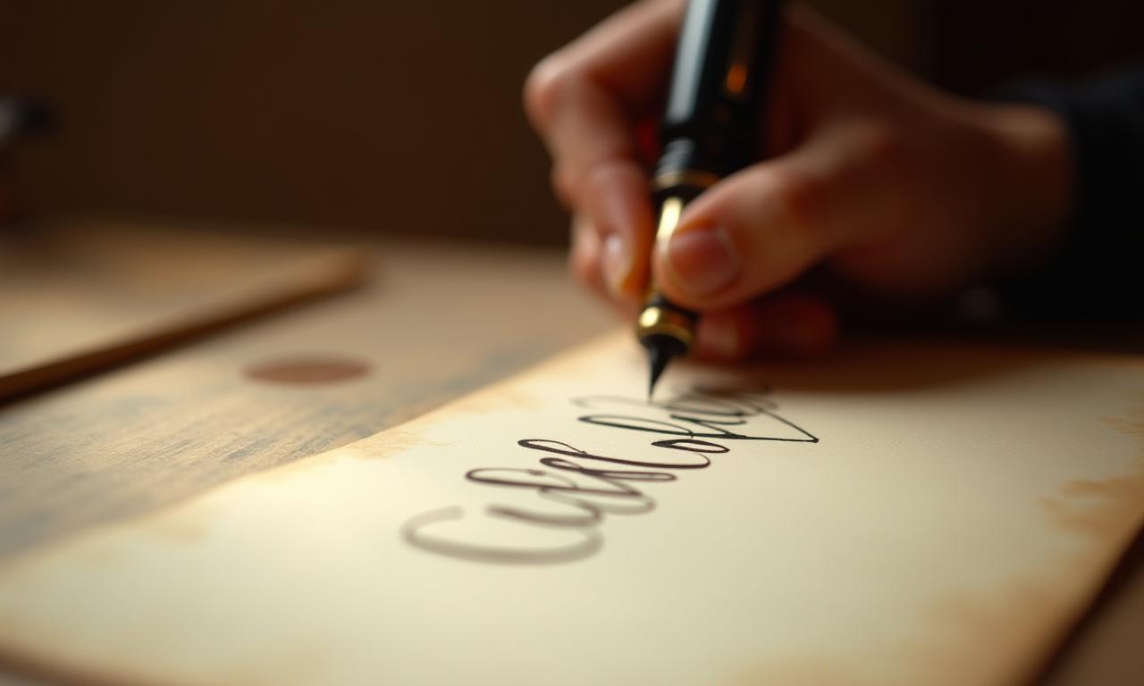 Main banner displaying a calligrapher's hand beautifully writing with an elegant pen